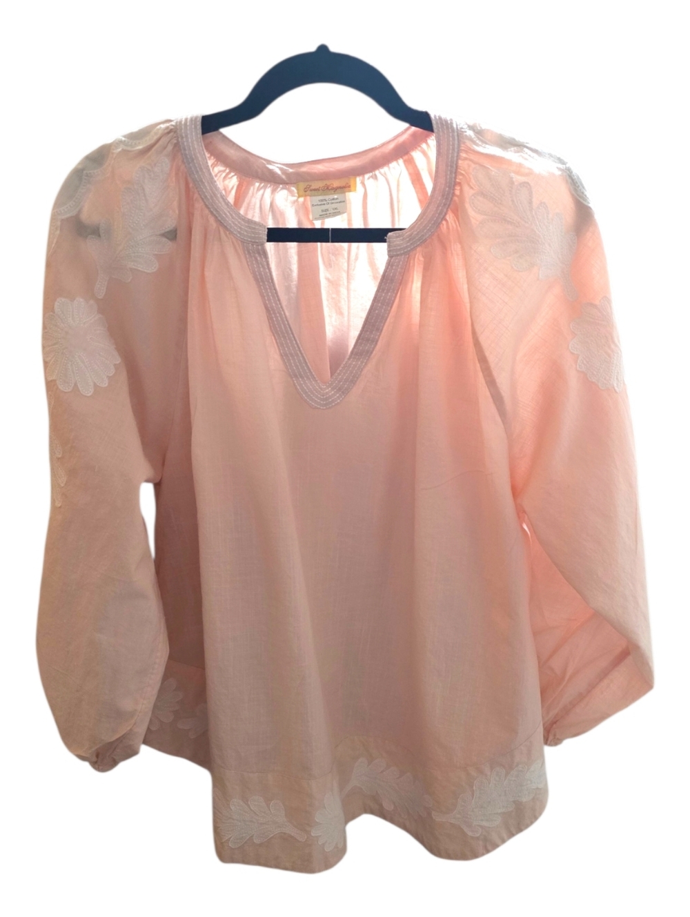 Women's Peach Floral Puffy Sleeves 100% Cotton Peasant Blouse XXL